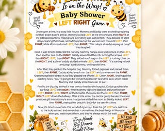 Può includere: Una carta da gioco per baby shower intitolata A Little Honey Is on the Way con due api a cartone animato, motivi a nido d'ape e un testo narrativo che invita a passare oggetti a sinistra e a destra. Include le frasi Bee Kind, Bee Brave, Bee Loved.