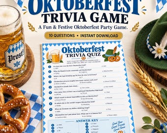May include: An Oktoberfest trivia game sheet featuring 10 questions and an answer key, decorated with blue and white diamond patterns, a beer mug, a pretzel, and a green hat. The text reads Oktoberfest Trivia Game and Oktoberfest Trivia Quiz.