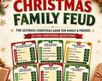 May include: A Christmas Family Feud game set featuring six square cards with numbered questions and point values. The text reads Christmas Family Feud, The Ultimate Christmas Game For Family & Friends, and 22 Fun Christmas Questions.