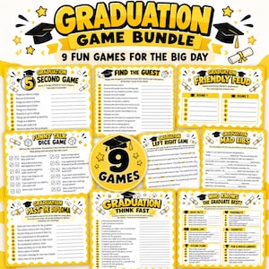 May include: A graduation game bundle featuring nine printable activity sheets with yellow and black graphics, including titles like Graduation Friendly Feud, Find the Guest, and Graduation Mad Libs, all decorated with mortarboard and diploma icons.