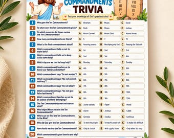 May include: A Ten Commandments trivia game sheet featuring a cartoon illustration of Jesus, stone tablets, and a dove. The document includes twenty numbered questions with multiple-choice answers labeled A, B, and C, and a bottom section for notes.