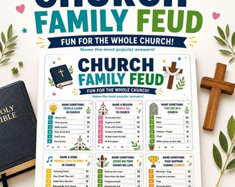 May include: A Church Family Feud game card featuring six categories with numbered lists of popular answers, including questions about church activities, songs, and biblical themes, displayed alongside a black Bible and a wooden cross.