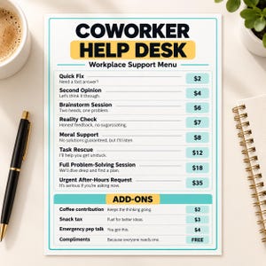 Può includere: Un cartello rettangolare bianco intitolato Coworker Help Desk Workplace Support Menu con testo nero e accenti color ottanio. Elenca vari servizi come Quick Fix, Brainstorm Session e Moral Support con i relativi prezzi indicati in dollari.