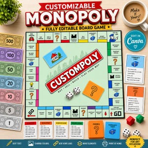 May include: A customizable board game set featuring a central game board with the text CUSTOMPOLY, stacks of play money in denominations of 1, 5, 10, 20, 50, 100, and 500, two white dice, Chance and Community Chest cards, and small house tokens.