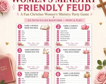 May include: A printable game sheet titled Women's Ministry Friendly Feud featuring 24 faith-filled questions. The design includes pink floral accents, a Holy Bible, and a wooden cross. Each of the six numbered sections lists Bible-themed prompts.