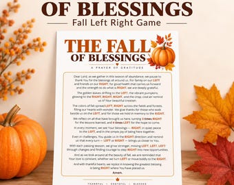 May include: A white rectangular game card titled THE FALL OF BLESSINGS, featuring a prayer of gratitude with orange text highlighting the words LEFT and RIGHT. The card is decorated with an orange pumpkin and autumn leaves illustration.