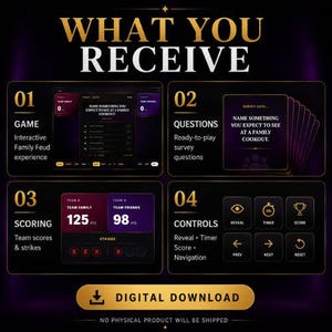 May include: A digital game set featuring four sections: 01 Game with an interactive interface, 02 Questions with survey cards, 03 Scoring with team points and strikes, and 04 Controls with icons for reveal, timer, score, and navigation. Text reads Digital Download.