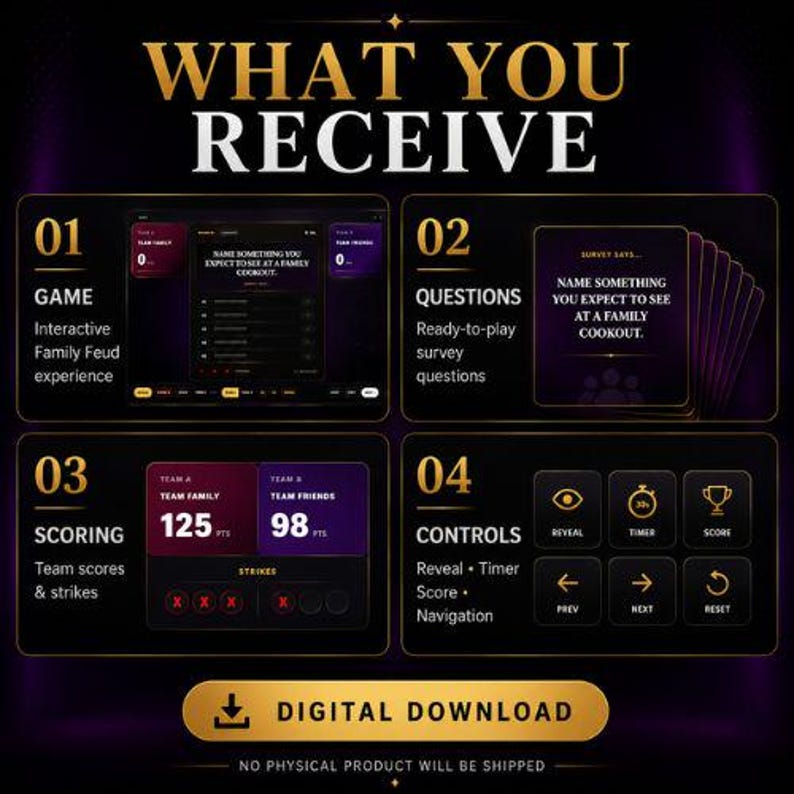 May include: A digital game set featuring four sections: 01 Game with an interactive interface, 02 Questions with survey cards, 03 Scoring with team points and strikes, and 04 Controls with icons for reveal, timer, score, and navigation. Text reads Digital Download.