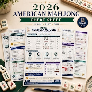 Puede incluir: Una hoja de trucos de 5 páginas en PDF para el Mahjong americano de 2026, que incluye tablas detalladas, reglas e instrucciones de juego. El documento contiene secciones sobre conjuntos de fichas, el pase Charleston y listas de verificación.