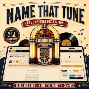 May include: A Name That Tune 1950s Jukebox Edition party music trivia game featuring a central illuminated jukebox graphic, two vinyl records, and a digital interface displaying game controls, round information, and answer fields.