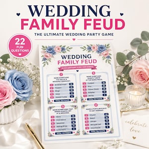 Puede incluir: Una tarjeta de juego de boda impresa titulada Wedding Family Feud con 22 preguntas divertidas. La tarjeta presenta bordes florales azules y rosas, cuatro cuadros de preguntas numerados con puntos y texto que incluye Name something you see at a wedding ceremony.