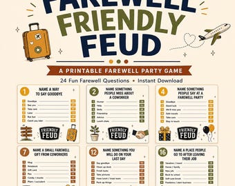 Può includere: Un gioco di società stampabile intitolato FAREWELL FRIENDLY FEUD con una valigia gialla e un aereo. Include sei carte con domande numerate e risposte a sondaggi su addii, colleghi e lavoro, decorate con piccole icone a tema.