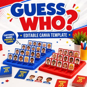 May include: A Guess Who? board game set featuring a blue plastic game board and a red plastic game board, each with rows of flip-up character cards. Includes decks of cards labeled Who Is It? and individual character cards with names like David, Sophia, and James.