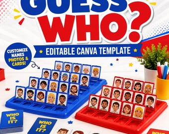 May include: A Guess Who? board game set featuring a blue plastic game board and a red plastic game board, each with rows of flip-up character cards. Includes decks of cards labeled Who Is It? and individual character cards with names like David, Sophia, and James.