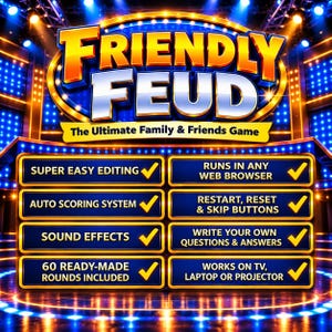 May include: A digital game graphic titled Friendly Feud, The Ultimate Family & Friends Game, featuring a list of features including super easy editing, auto scoring, sound effects, 60 rounds, web browser compatibility, and device support.