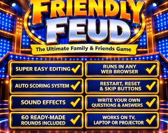 May include: A digital game graphic titled Friendly Feud, The Ultimate Family & Friends Game, featuring a list of features including super easy editing, auto scoring, sound effects, 60 rounds, web browser compatibility, and device support.