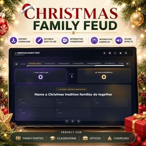 May include: A digital Christmas Family Feud game interface displayed on a screen, featuring team scoreboards for Team Candy Cane and Team Gingerbread, a round indicator, and a question asking to name a Christmas tradition families do together.