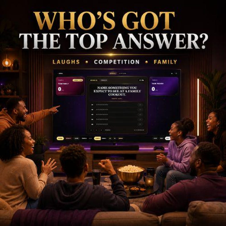 May include: A television screen displays a game show interface with the text WHO'S GOT THE TOP ANSWER? LAUGHS &bull; COMPETITION &bull; FAMILY and the question NAME SOMETHING YOU EXPECT TO SEE AT A FAMILY COOKOUT. The screen shows team scores and game options.