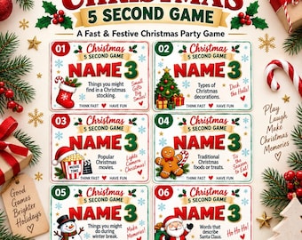 May include: A Christmas 5 Second Game set featuring 30 game cards with festive graphics. Each card displays a numbered challenge to name 3 items related to holiday themes like stockings, trees, movies, treats, snowmen, and Santa Claus.