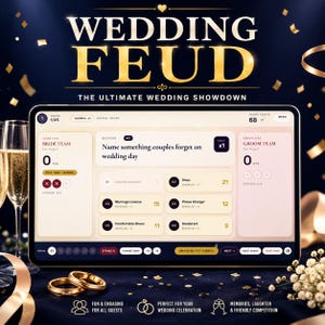 May include: A digital tablet displaying the Wedding Feud game interface with the text "Name something couples forget on wedding day" and revealed answers like Vows, Marriage License, Phone Charger, Comfortable Shoes, and Deodorant.