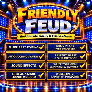May include: A digital game graphic titled Friendly Feud: The Ultimate Family & Friends Game. It features a list of features including super easy editing, auto scoring, sound effects, 45 rounds, browser compatibility, reset buttons, and custom questions.