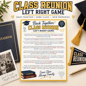 May include: A Class Reunion Left Right game instruction sheet with navy and gold text, featuring a graduation cap icon, a yearbook, a photo of four people, a graduation tassel, a pennant, and a pen. The text details a party game story.