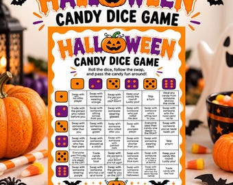 May include: A Halloween Candy Dice Game instruction sheet featuring a grid of rules for rolling dice. The orange and white card displays a jack-o'-lantern graphic and text that reads: Halloween Candy Dice Game, Roll the dice, follow the swap, and pass the candy fun around!