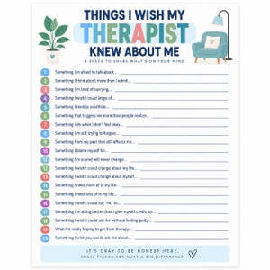 May include: A printable therapy worksheet titled Things I Wish My Therapist Knew About Me, featuring a numbered list from 1 to 20 with blank lines for writing. The design includes a potted plant, a blue armchair, and a floor lamp illustration.
