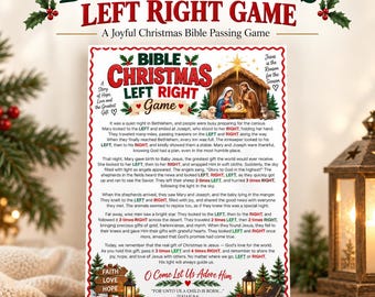 May include: A printed game sheet titled Bible Christmas Left Right Game featuring a nativity scene illustration, red and green text, and a story about the birth of Jesus. The border is wavy and red, with decorative holly and lantern graphics.