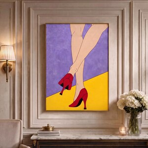Lámina de arte pop con zapatos de tacón rojo rubí, arte mural de tacones rojos, póster de moda, decoración de piernas estilo cómic, descarga digital de glamour vintage