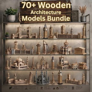 Puede incluir: Una colección de más de 70 modelos de arquitectura de madera expuestos en una estantería de varios niveles. Los modelos incluyen varios monumentos mundiales como la Torre Eiffel, el Big Ben y la Torre de Pisa, todos fabricados con precisión.