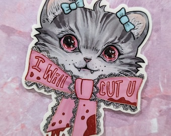 Autocollant gore pastel | JE VAIS TE COUPER | Sticker chaton mignon clair