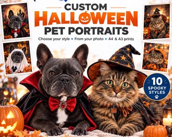 Custom Halloween Pet Portrait Print from Photo, Personalised Dog or Cat Spooky Wall Art