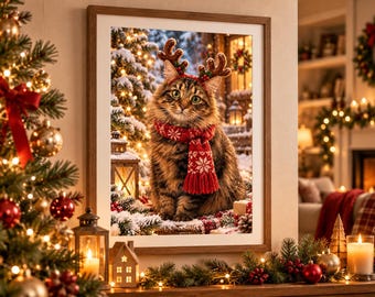 Personalised Reindeer Pet Portrait Print, Custom Christmas Dog or Cat Gift, A4 A3