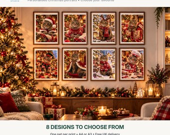 Personalised Christmas Pet Portrait, Custom Dog or Cat Print, 8 Festive Designs, A4 A3 Gift