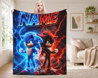 Sonic Shadow Blanket Personalized Name, Sonic vs Shadow Inspired Blanket, Electric Blue Black Fleece Throw Gift