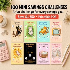 Peut inclure: Un ensemble de 100 mini défis d'épargne sur des cartes PDF imprimables. Chaque carte présente des illustrations uniques comme des chats, des téléviseurs rétro et du fromage, avec des cercles pour suivre des objectifs d'épargne totalisant 1 650 $.