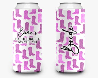 May include: Two white can coolers with pink cowboy boot designs. One cooler says "Emma's Bachelorette Nashville 2024" and the other says "Bride".