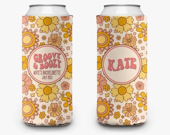 Bachelorette Party Can Cooler Groovy Boozy Theme Flower Power Retro Bridal Party Theme Personalized Can Cooler Sleeve