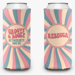 Bachelorette Party Can Cooler Groovy Boozy Theme Retro Swirl Disco Bridal Party Theme Personalized Can Cooler Sleeve