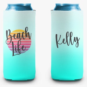 Beach Life Sunset Can Cooler Aqua Ombre Dot Personalized Can Cooler Sleeve