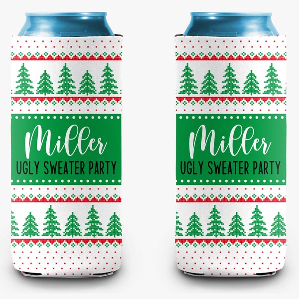 Ugly Christmas Sweater Event Can Cooler, Holiday Sweater White Green Personalized Can Cooler Sleeve