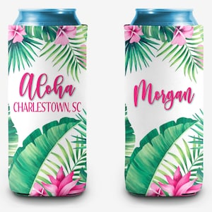 Tropical Floral Can Cooler Hawaiian Luau Event Personalized Can Cooler Sleeve