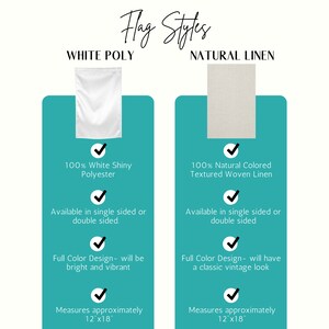 May include: Two flag styles are shown: white polyester and natural linen. Both are available in single or double-sided options. The white polyester flag is described as 100% white shiny polyester and the natural linen flag is described as 100% natural colored textured woven linen. Both flags measure approximately 12 inches by 18 inches.