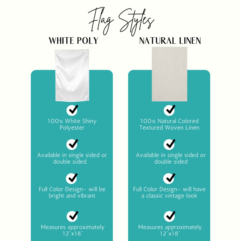 May include: Two flag styles are shown: white polyester and natural linen. Both are available in single or double-sided options. The white polyester flag is described as 100% white shiny polyester and the natural linen flag is described as 100% natural colored textured woven linen. Both flags measure approximately 12 inches by 18 inches.
