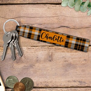 Personalized Wristlet Keychain, Orange Plaid Key Fob, Custom Keychain