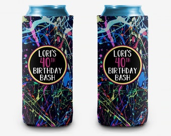 Retro Paint Splatter Birthday Can Cooler Party Huggers Personalized Can Cooler Sleeve