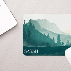 Personalized Mountain Mouse Pad Green Watercolor Mountain Mousepad