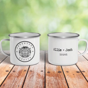 Personalized Adventure Awaits Mug, Custom Enamel Mug, Personalized Wedding Coffee Mug, Campfire Mug, Newly Wed Mug