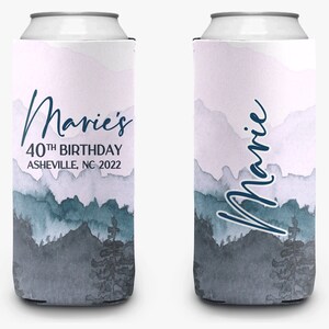 Personalized Mountain Theme Can Cooler - Pink & Gray Mountain Birthday Trip Cooler Sleeve